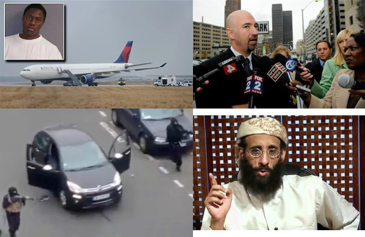 Clockwise from top left: 'Underwear Bomber', witness Kurt Haskell, Anwar al-Awlaki, Paris gunmen