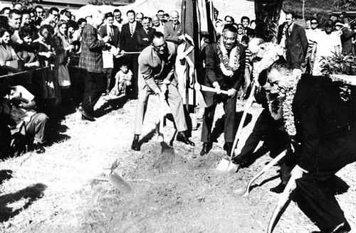  Vice president Lyndon B. Johnson, far right, breaks ground for the East-West Center in May, 1961. Assisting are, from left, Hawai'i governor William F. Quinn, U.S. senators Hiram L. Fong and Oren E. Long, and U.S. representative Daniel K. Inouye. (Image credit: University of Hawaii)