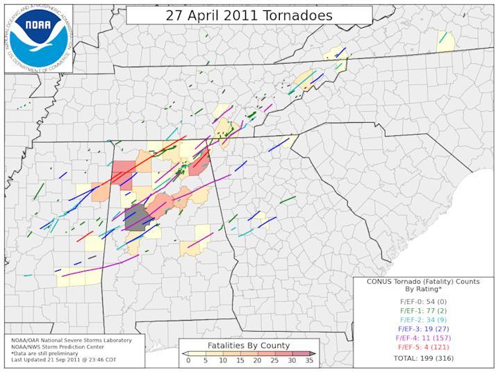 Tornado tracks from the April 27, 2011 super outbreak which killed an estimated three hundred and sixteen people. On the morning of April 27, 2011 a PDF image the Obama administration claims is a scan of President Obama's Hawaii "Certificate of Live Birth" was released at WhiteHouse.gov.