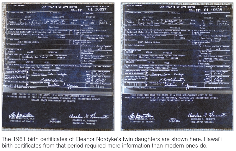The Honolulu Advertiser published this image and accompanying caption, which depict two alleged Hawaii "Certificates of Live Birth" for Eleanor Nordyke's twin daughters.