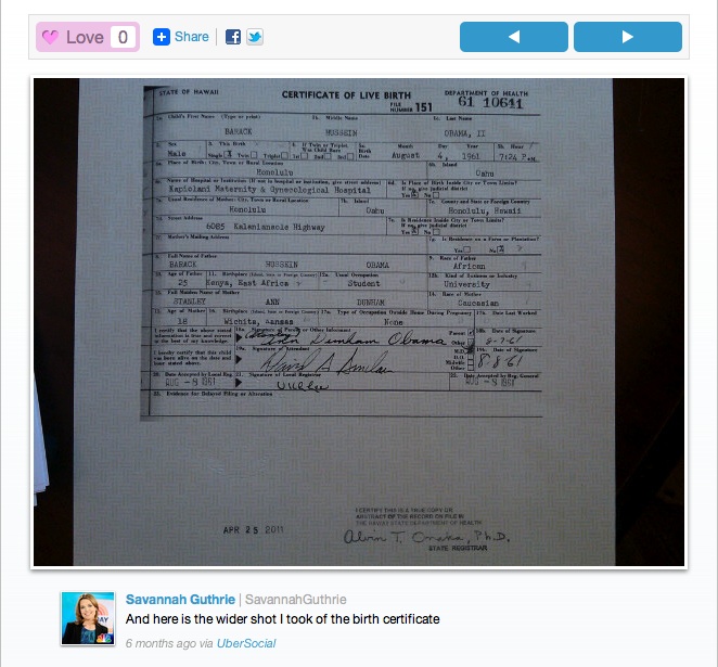 Additional image uploaded to social media website UberSocial which Savannah Guthrie claims is a photograph she took at the White House of a certified paper copy of President Obama's long-form Hawaii birth certificate (Image credit: WND)