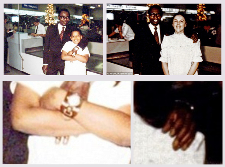 A fingernails mismatch between the left 'hands' of Barack Obama Sr. in two photos allegedly taken at the Honolulu International Airport when President Obama was in the 5th grade reveal that the images are likely digital creations. (Image credits AP/Obama for America, image of Sr. and Jr. also distributed by Reuters) (CLICK TO ENLARGE)