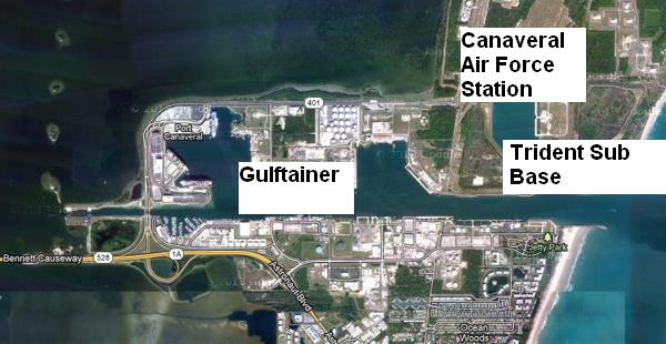 Map of Port Canaveral, Florida showing Gulftainer's area of operations, US Navy Trident submarine base and Canaveral Air Force Station. 