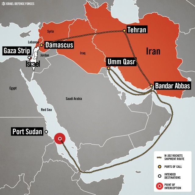 The course of the Iranian weapons shipment. (Image credit: Israel Defense Forces)