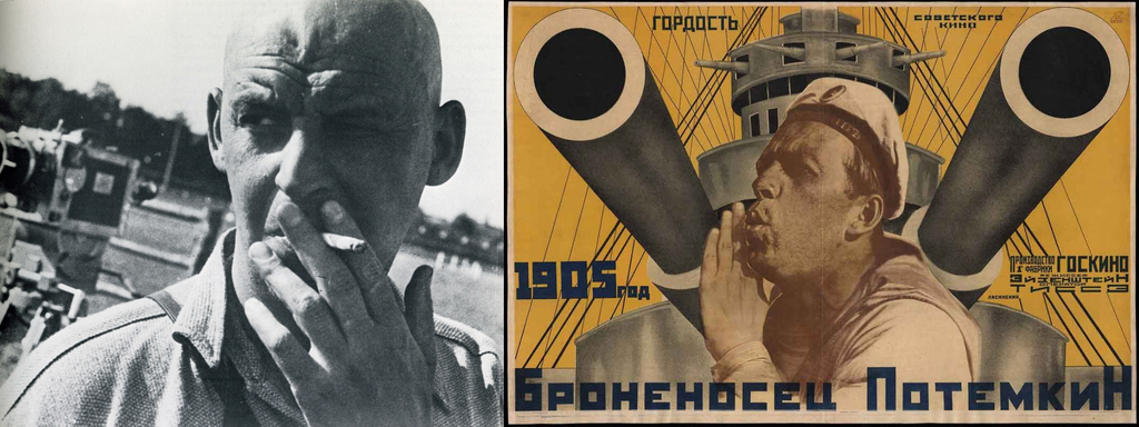1935 photo of Soviet propaganda graphic designer Alexander Rodchenko (L) and a promotional poster he designed for silent propaganda movie Battleship Potemkin (R). (Image credit (L) Wikimedia Commons)