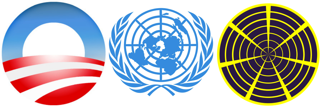 Barack Obama 2008 campaign logo, United Nations emblem, Subud “Seven Circle” symbol. (Image credits: Wikimedia commons, UN, Wikimedia commons)