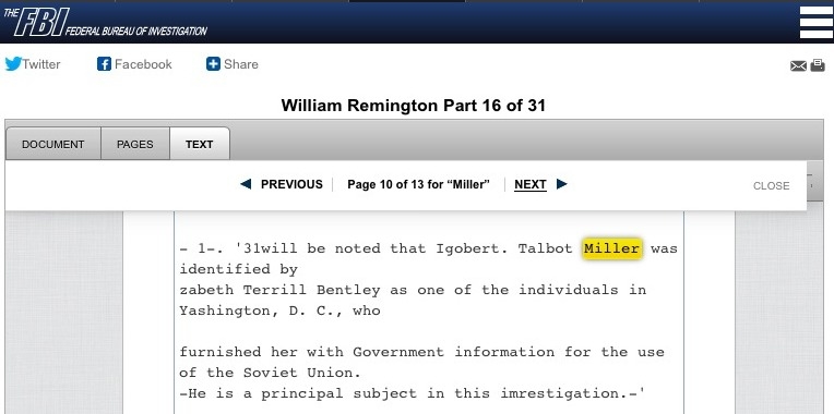 Robert Talbot Miller III was identified as a Soviet spy by Elizabeth Bentley, a Soviet spy who became an FBI informant. (Source: FBI's William Remington File) 