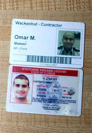 An image published by Infowars appears to show Omar Mateen's Wackenhut I.D. badge and an expired Florida firearms license.