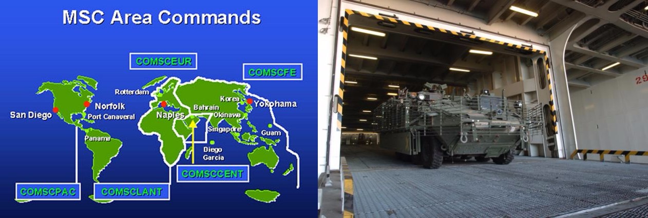 U.S. Military Sealift Command map features Port Canaveral (left) Hundreds of Strykers (right) belonging to the last combat brigade from Iraq to return onto American soil are driven down the interior ramp of the ARC Endurance, a U.S.-flagged commercial roll-on/roll-off vessel during 2010 offload operations at Port Canaveral, Fla., Oct. 6. (Photo Credit: Mr. Michael William Petersen (SDDC))