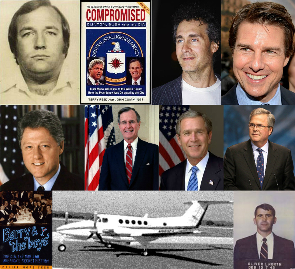 (From top left) Barry Seal, Compromised, Doug Liman, Tom Cruise, Bill Clinton, H.W. Bush, G.W. Bush, Jeb Bush, Barry & ‘the boys’, Beechcraft King Air, Lt. Col. Oliver North