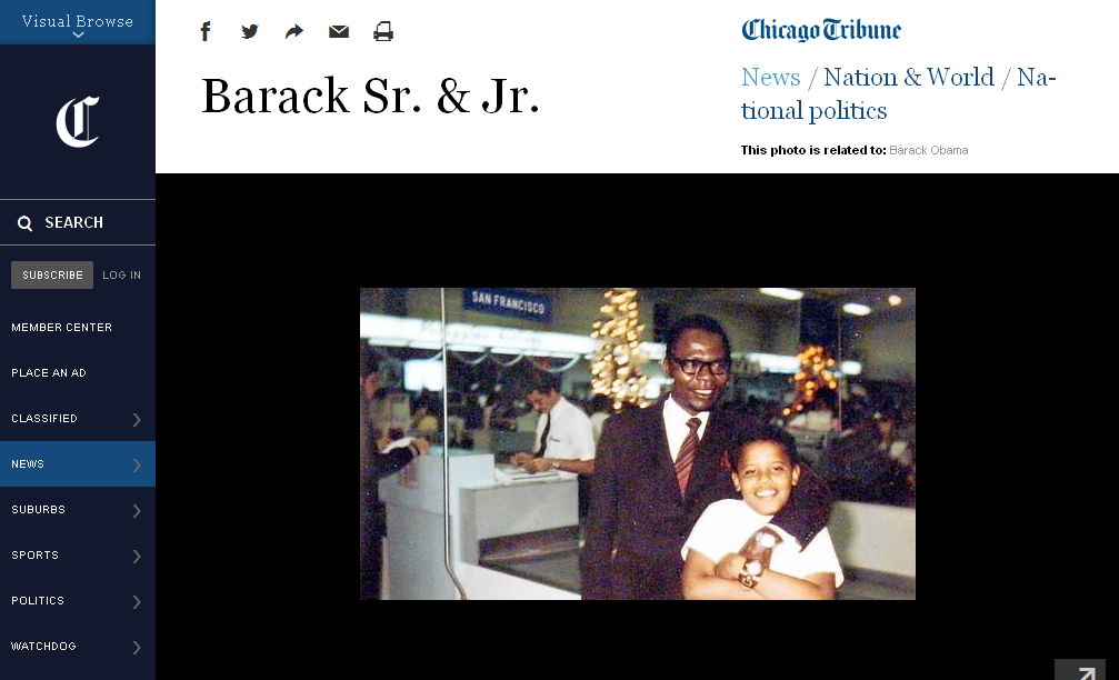 Screenshot of the Chicago Tribune website featuring the image of Barack Obama Sr. and Jr. The bottom of the image appears to have been cropped in such a way that the fingernails of Obama Sr. are not visible. The top and side of the image do not appear to have been cropped. (Image source: ChicagoTribune.com)