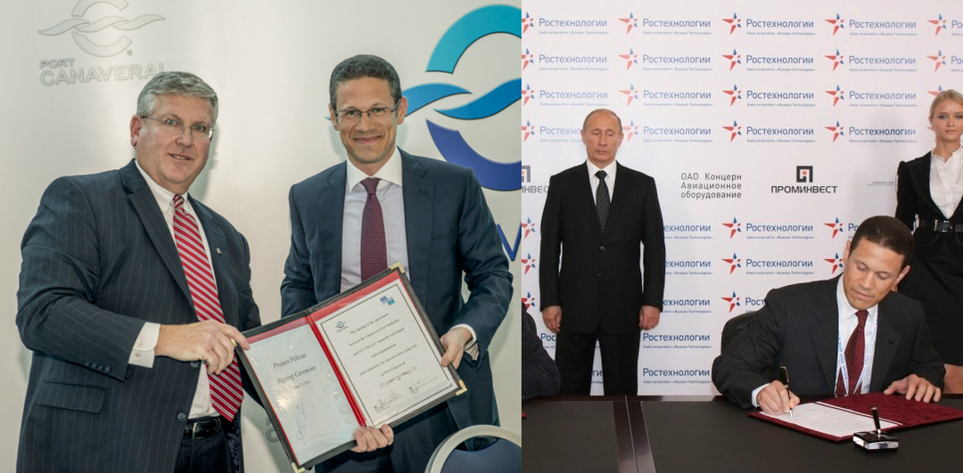 Canaveral Port Authority CEO John Walsh with Crescent Enterprises CEO Badr Jafar (left image) Russian Prime Minister Vladamir Putin with Badr Jafar (right image)