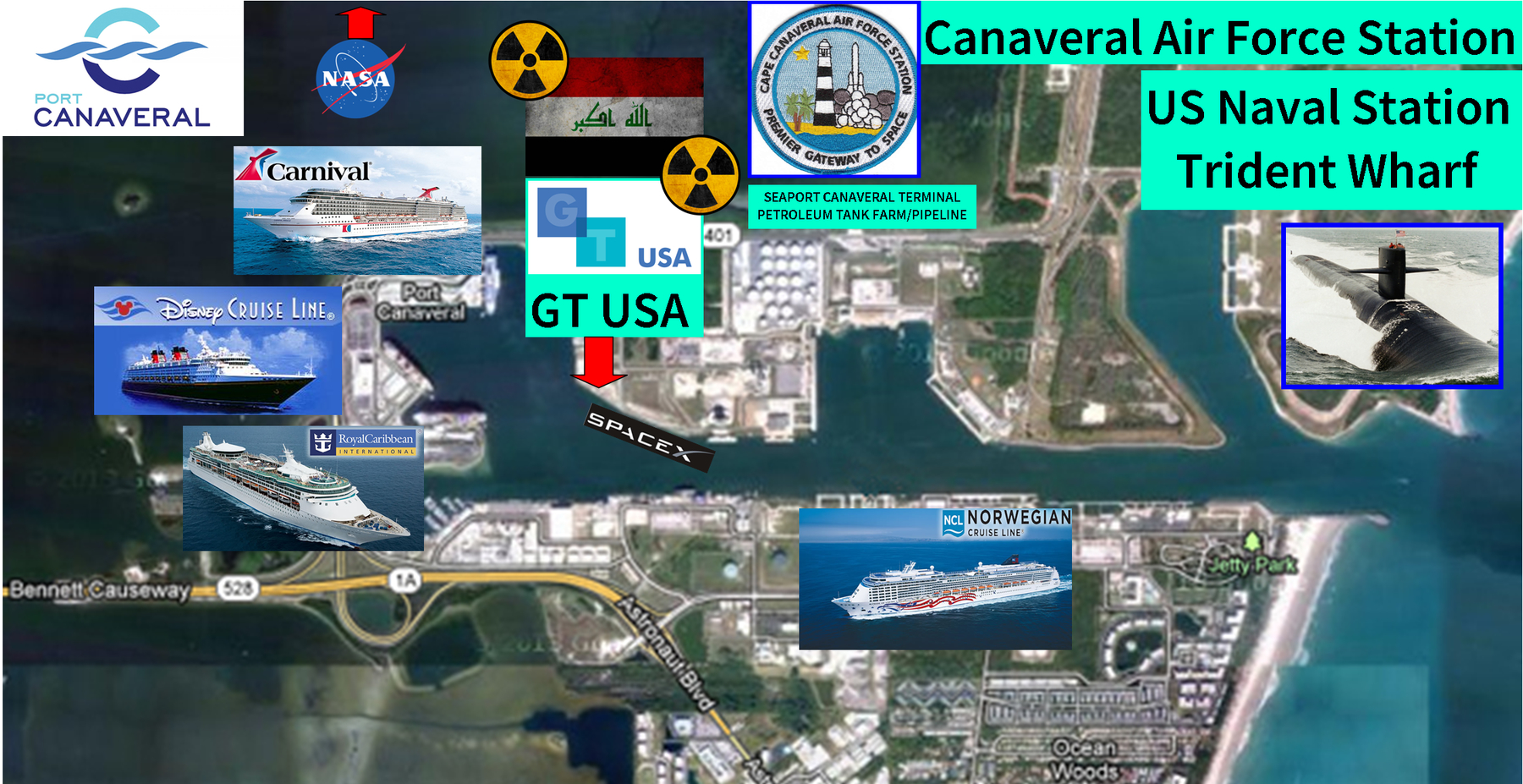 Map of Port Canaveral indicating locations of GT USA container terminal, national security assets, critical infrastructure, SpaceX Falcon 9 barge and cruise ship terminals