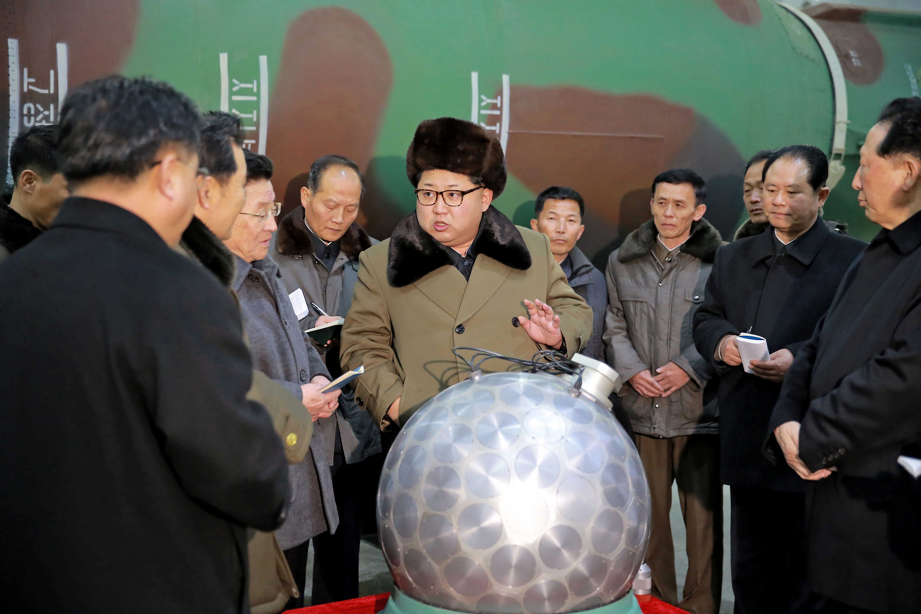 North Korean dictator Kim Jong-un appeared on North Korean television with what appears to be a spherical miniaturized nuclear weapon