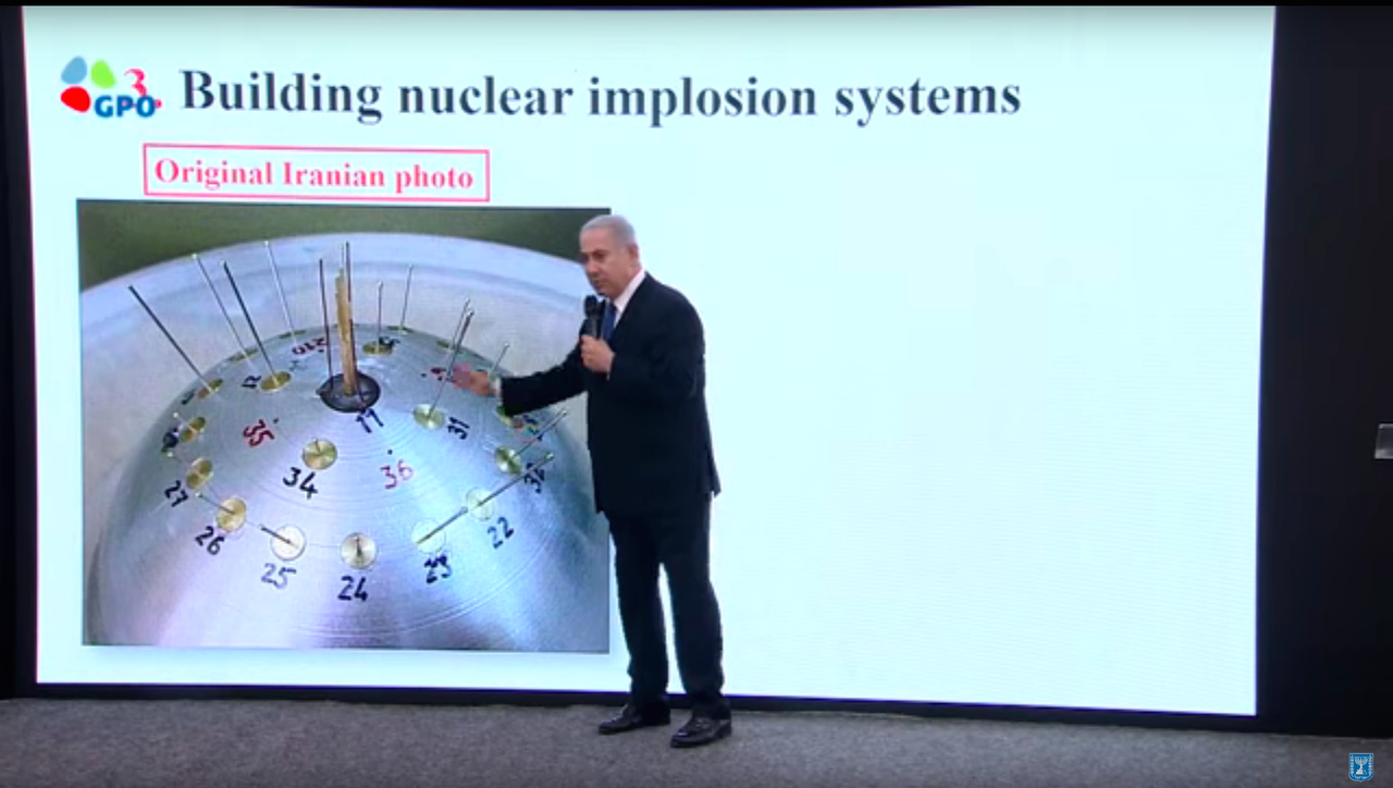 TEL AVIV - April 30, 2018 - Israeli Prime Minister Benjamin Netanyahu presents a nuclear weapon design diagram of an Iranian implosion device 