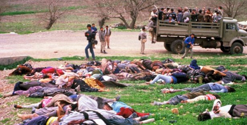 1988 Halabja Massacre Saddam Hussein regime used chemical weapons to kill over 5,000 Kurdish civilians and would an addition 10,000. Barack Obama's patron Iraqi billionaire Nadhmi Auchi was sued for providing chemical weapons used in the Halabja genocide.