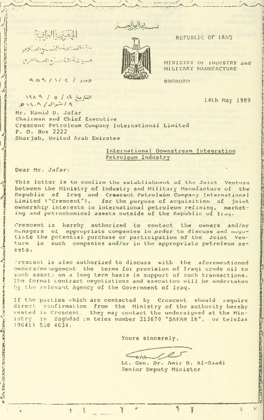 Letter from Lt. General Dr. Amir Al-Sa’adi to Hamid Dhia Jafar, Chairman of Crescent Petroleum. Lt. General Dr. Amir Al-Sa’adi and Barack Obama's patron Iraqi billionaire Nadhmi Auchi were named co-conspirators in a lawsuit that alleges Nadhmi Auchi provided chemical weapons used in the 1988 Halabja Massacre. (Image: United States Congress)