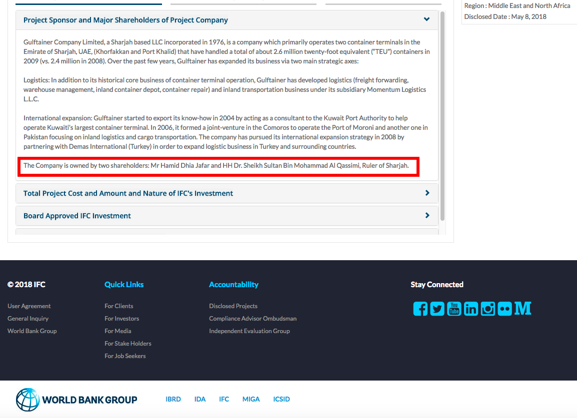 Gulftainer World Bank IFC Disclosure Shareholders Hamid Jafar Sharjah, UAE Ruler