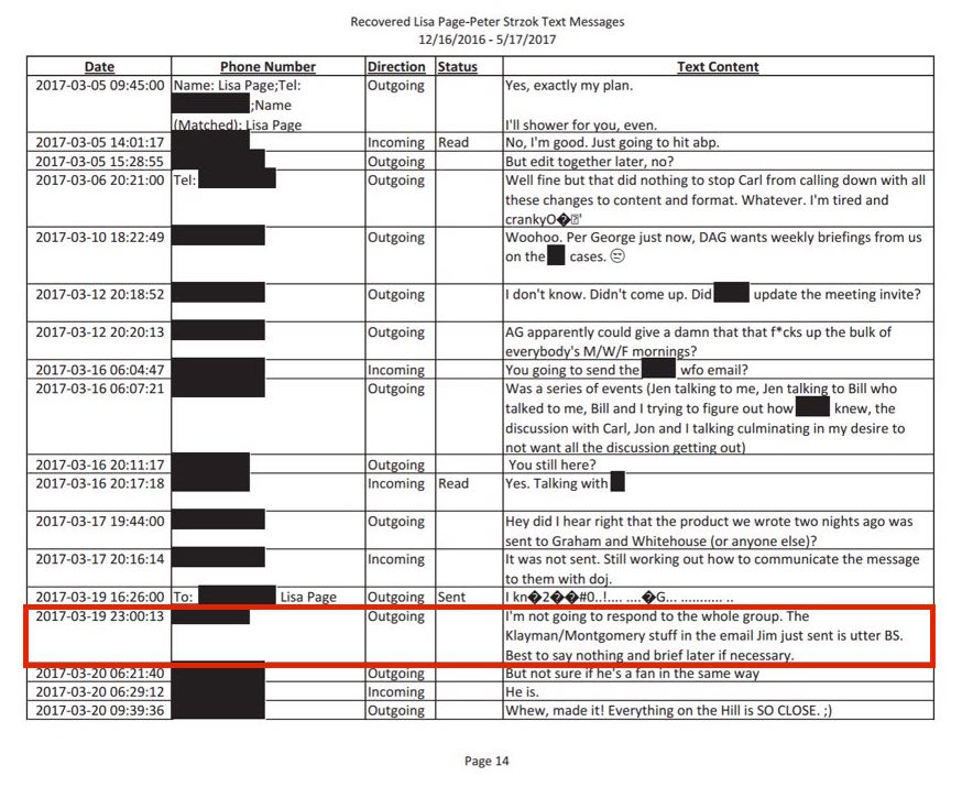 PETER STRZOK LISA PAGE TEXT MESSAGES THE HAMMER