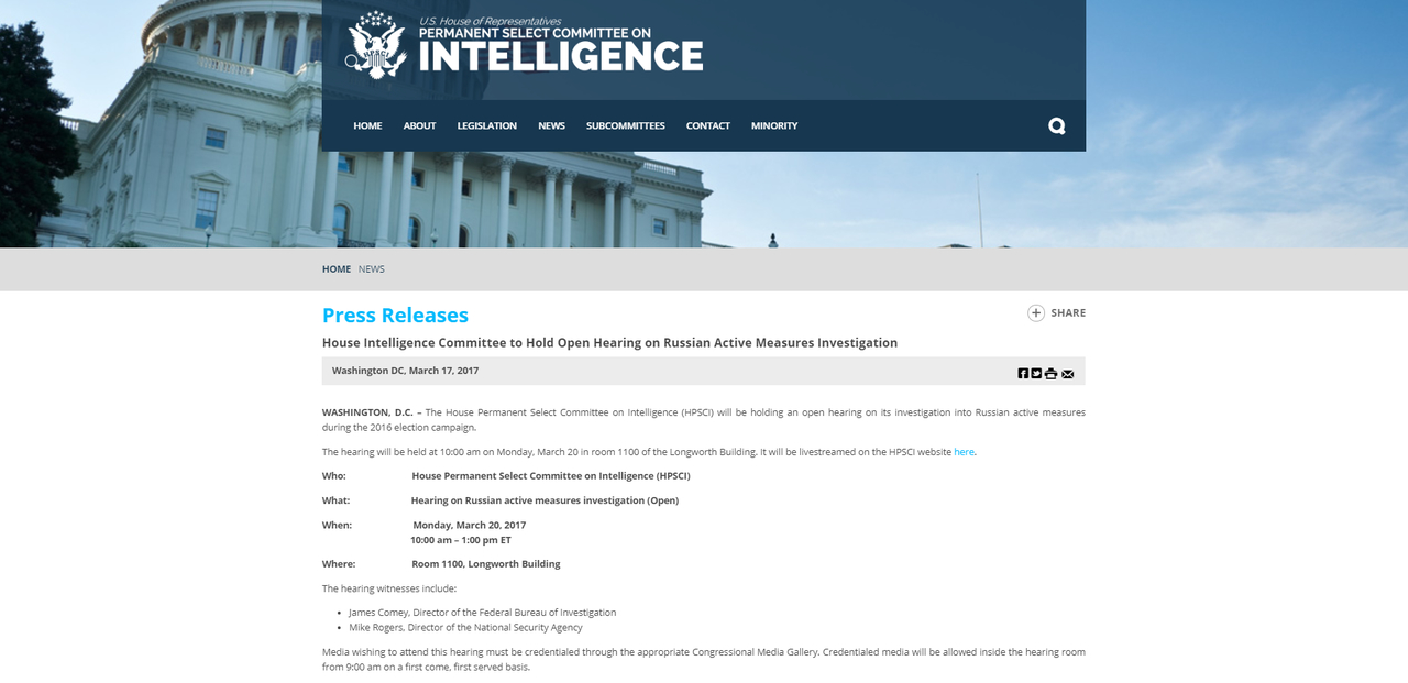 PRESS RELEASE HOUSE INTELLIGENCE COMMITTEE TO HOLD OPEN HEARING ON RUSSIAN ACTIVE MEASURES INVESTIGATION MARCH 20 2017